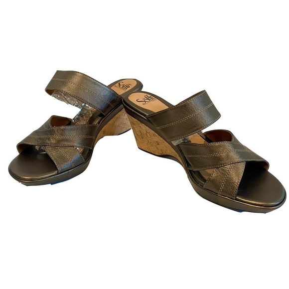 LIKE NEW - SOFT - Pewter Leather & Cork Wedge Two Strap Slip-on Sandals Size 10 - Picture 3 of 9